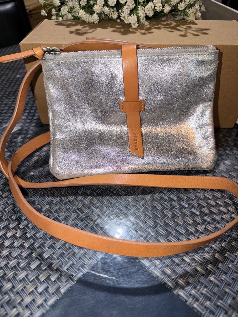 Jigsaw Metallic Silver Leather Crossbody with Tan Strap